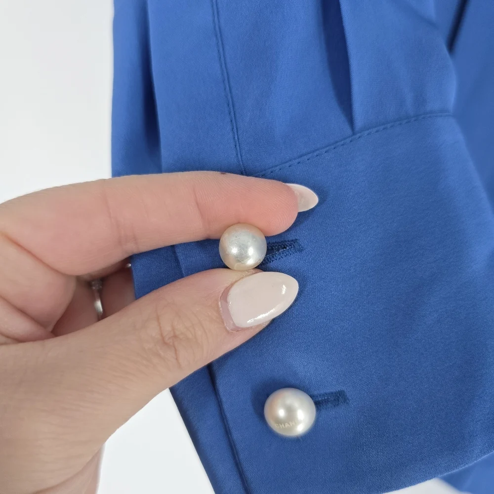 Chanel Blue Pleated Silk Shirt Pearl Buttons Size 46 US 10